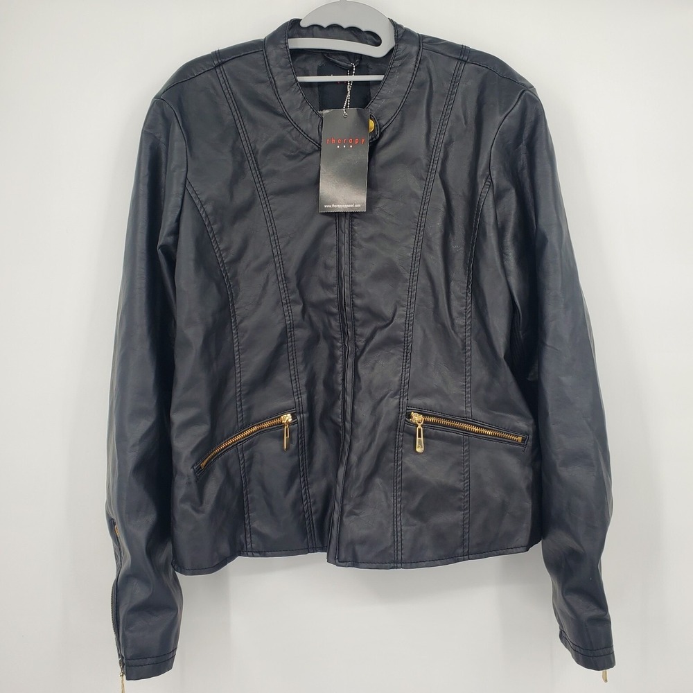 Therapy Black Faux Leather Zip Front Moto Jacket Gold Hardware XL
